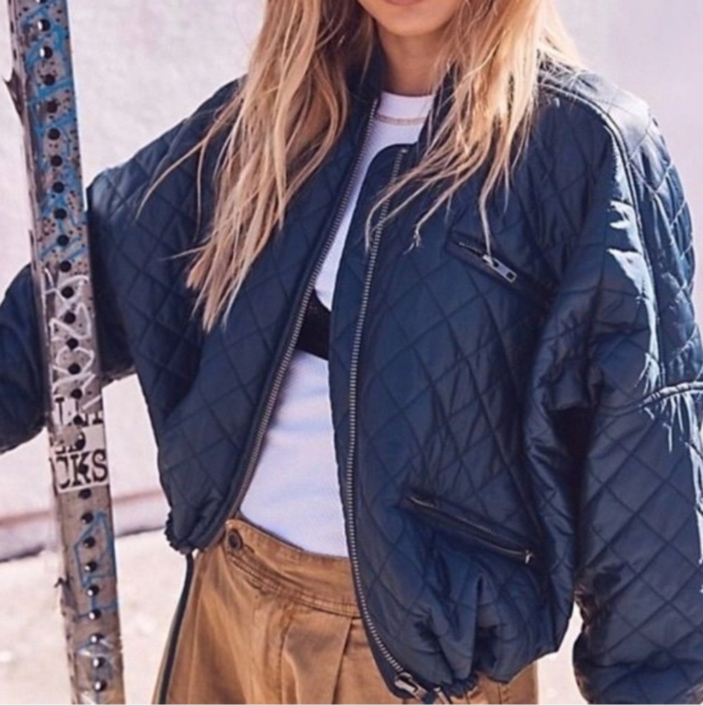Free People Oversized Easy Quilted Bomber Flight Jacket Coat Zip Up Size Large - Picture 3 of 7